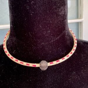 Nantucket Basket Woven Choker Necklace with Black Mesh Bead- Vivid Pink